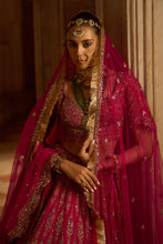 Load image into Gallery viewer, FUSCHIA RED  RAW SILK BRIDAL LEHENGA CHOLI WITH A TULLE DUPATTA AND AN OPTIONAL SECOND TULLE DUPATTA
