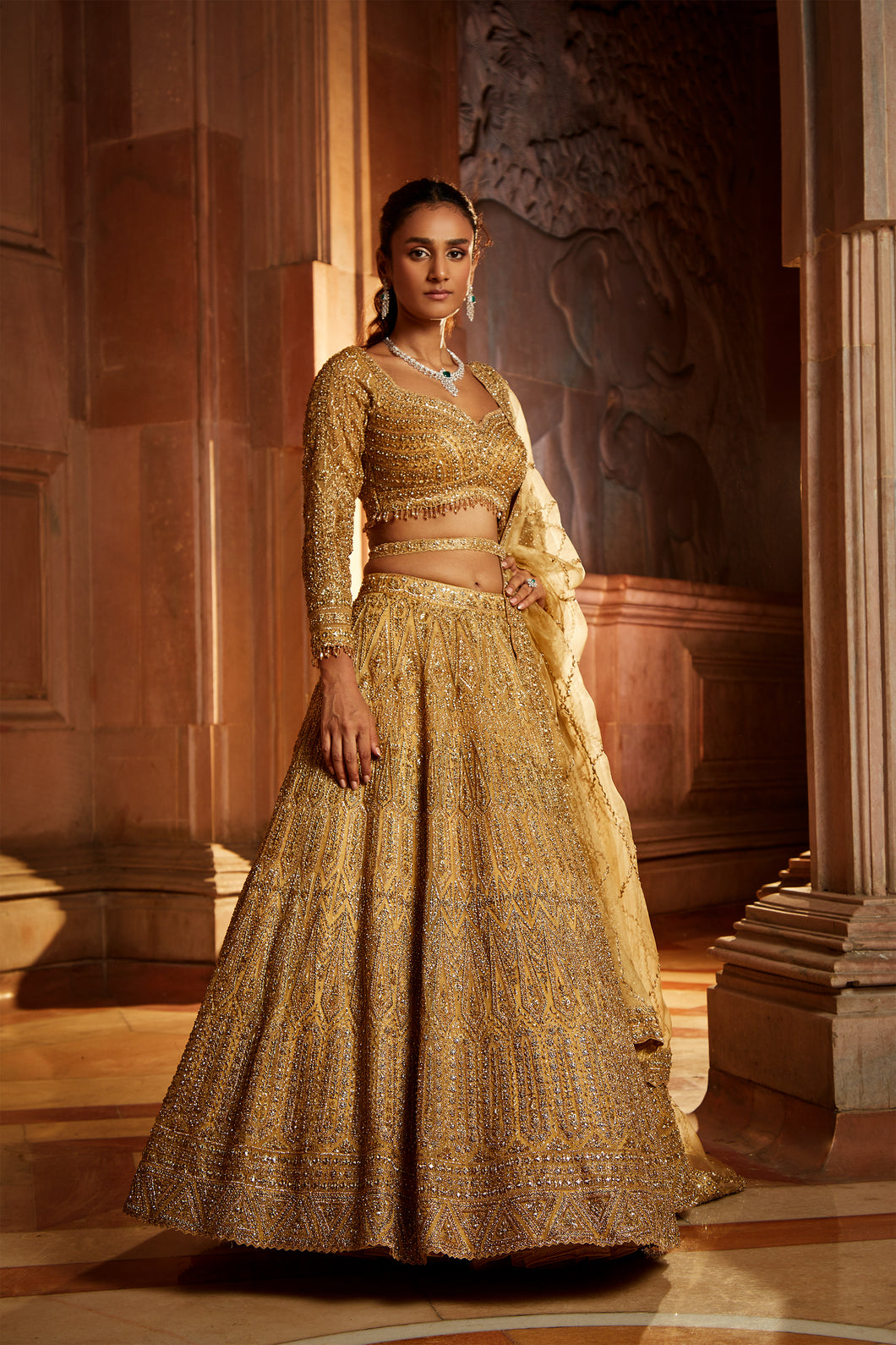 GOLD ORGANZA LEHENGA CHOLI DUPATTA WITH WORKED BELT