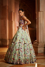 Load image into Gallery viewer, MINT GREEN TULLE LEHENGA CHOLI DUPATTA WITH A WORKED BELT
