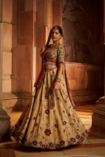 Load image into Gallery viewer, GOLD TISSUE LEHENGA CHOLI AND BELT WITH CONTRASTING RED TULLE DUPATTA AND OPTIONAL GOLD TISSUE SECOND DUPATTA
