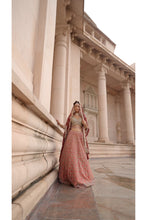 Load image into Gallery viewer, RUST TAFETTA LEHENGA WITH OLIVE CHOLI, MAROON TISSUE DUPATTA AND BELT
