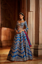 Load image into Gallery viewer, PEACOCK BLUE TAFETTA LEHENGA CHOLI WITH A TULLE DUPATTA AND BELT
