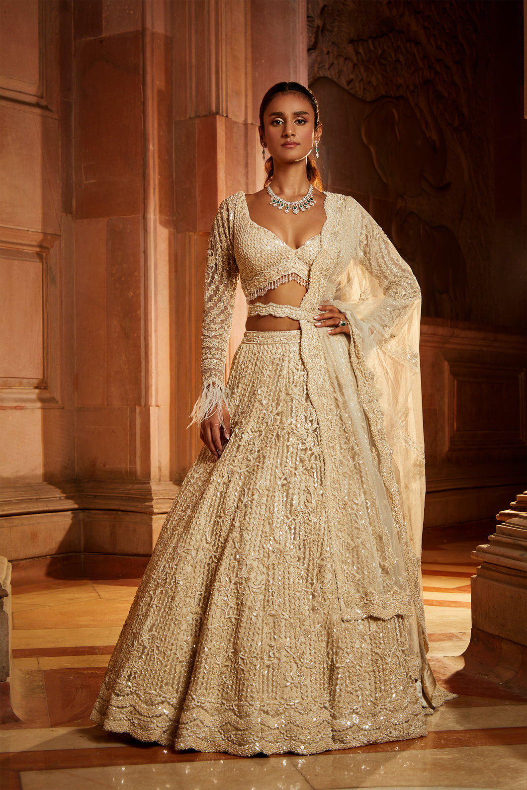 IVORY TULLE LEHENGA CHOLI DUPATTA SET WITH AN OPTIONAL VEIL