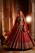 Load image into Gallery viewer, DEEP RED RAW SILK LEHENGA WITH GOLD CHOLI AND TULLE DUPATTA
