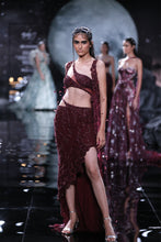 Load image into Gallery viewer, Maroon Chiffon tonal crystal encrusted hand  Embroidered skirt choli set
