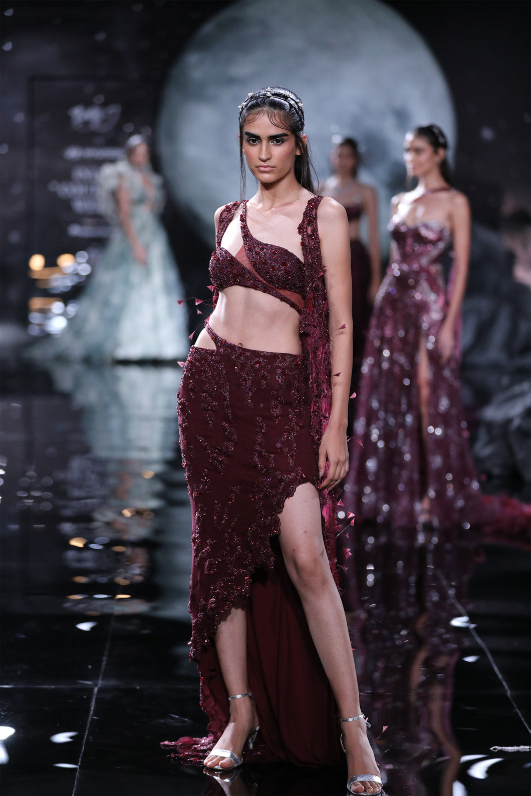 Maroon Chiffon tonal crystal encrusted hand  Embroidered skirt choli set
