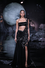 Load image into Gallery viewer, Black Bullion sheeted lycra net Draped Sari set Accentuated with cutwork palla encrusted with crystalline hand embroidery
