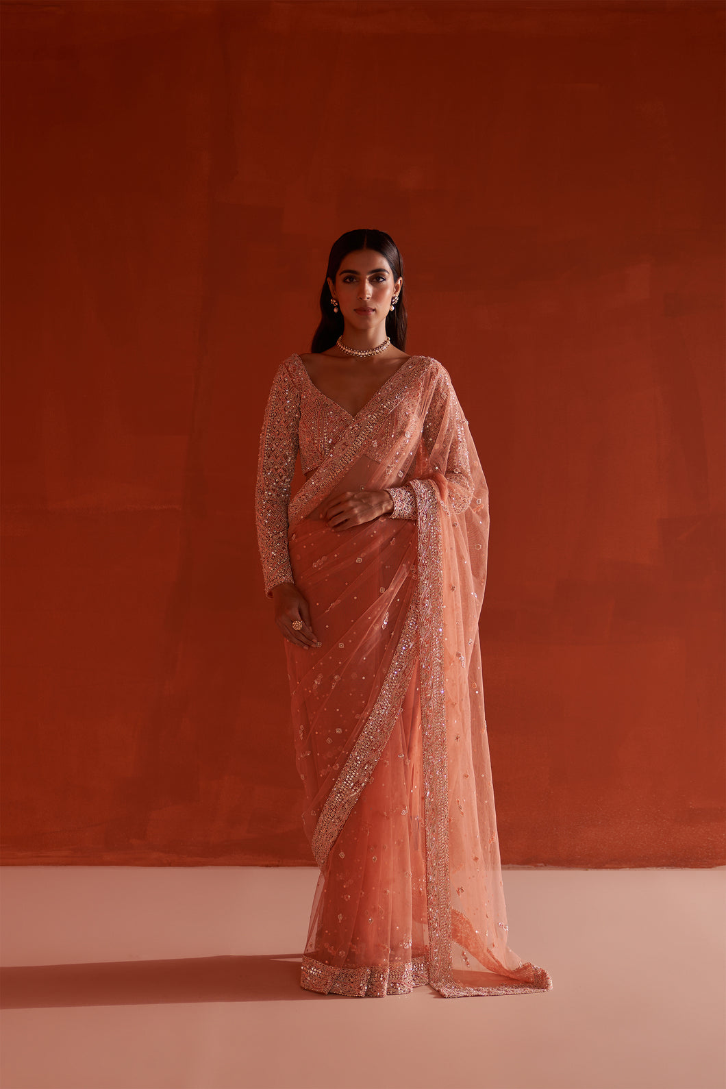 Pastel Orange Net Saree