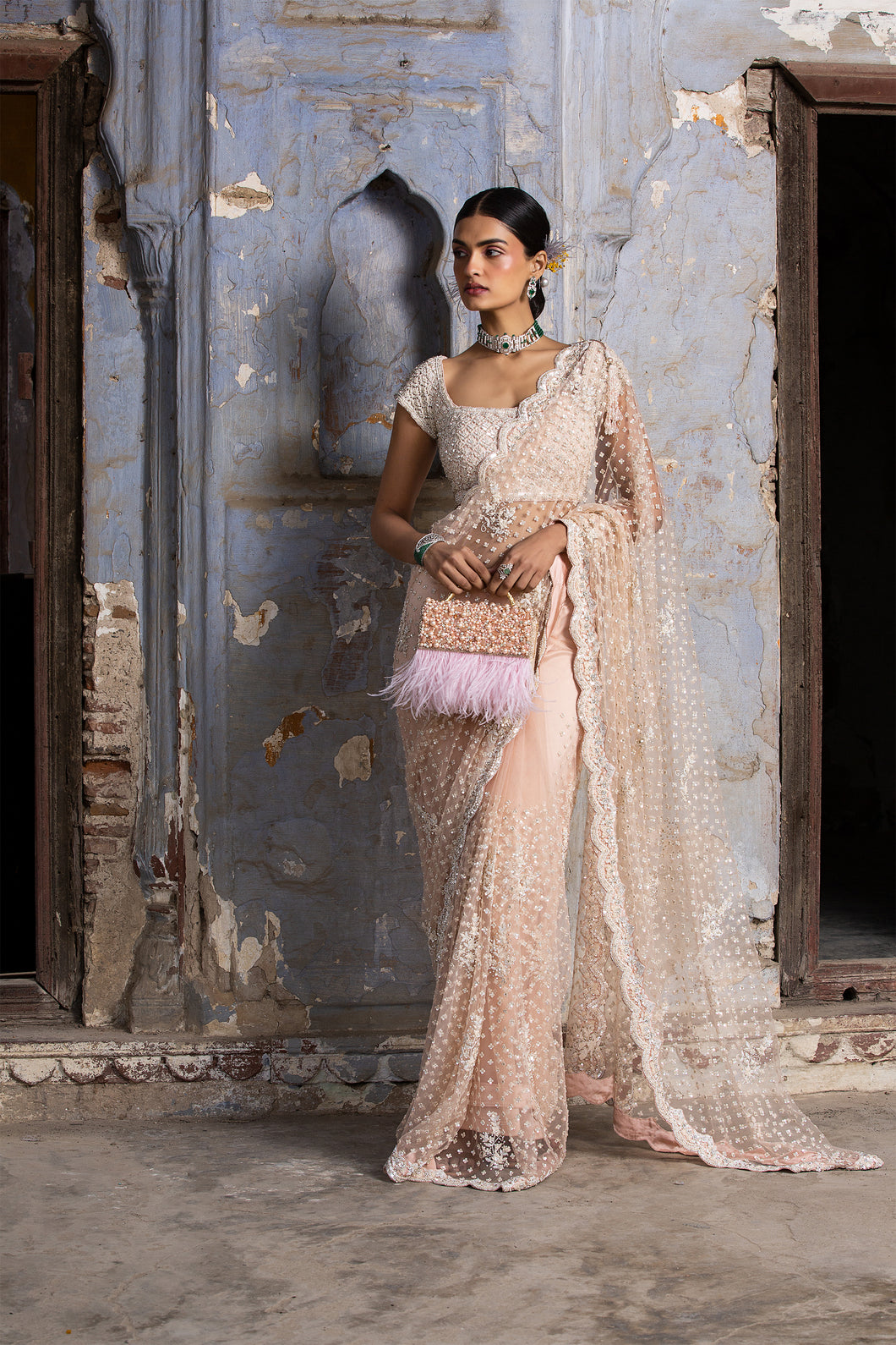 BLUSH PINK NET SAREE