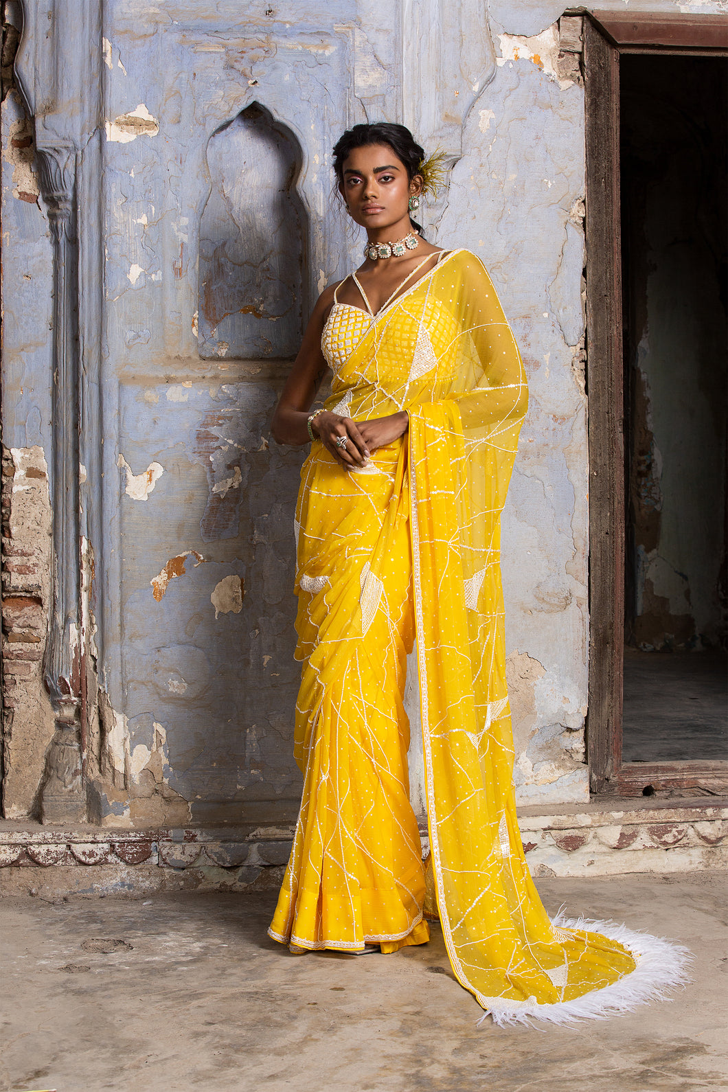 YELLOW CHIFFON SAREE