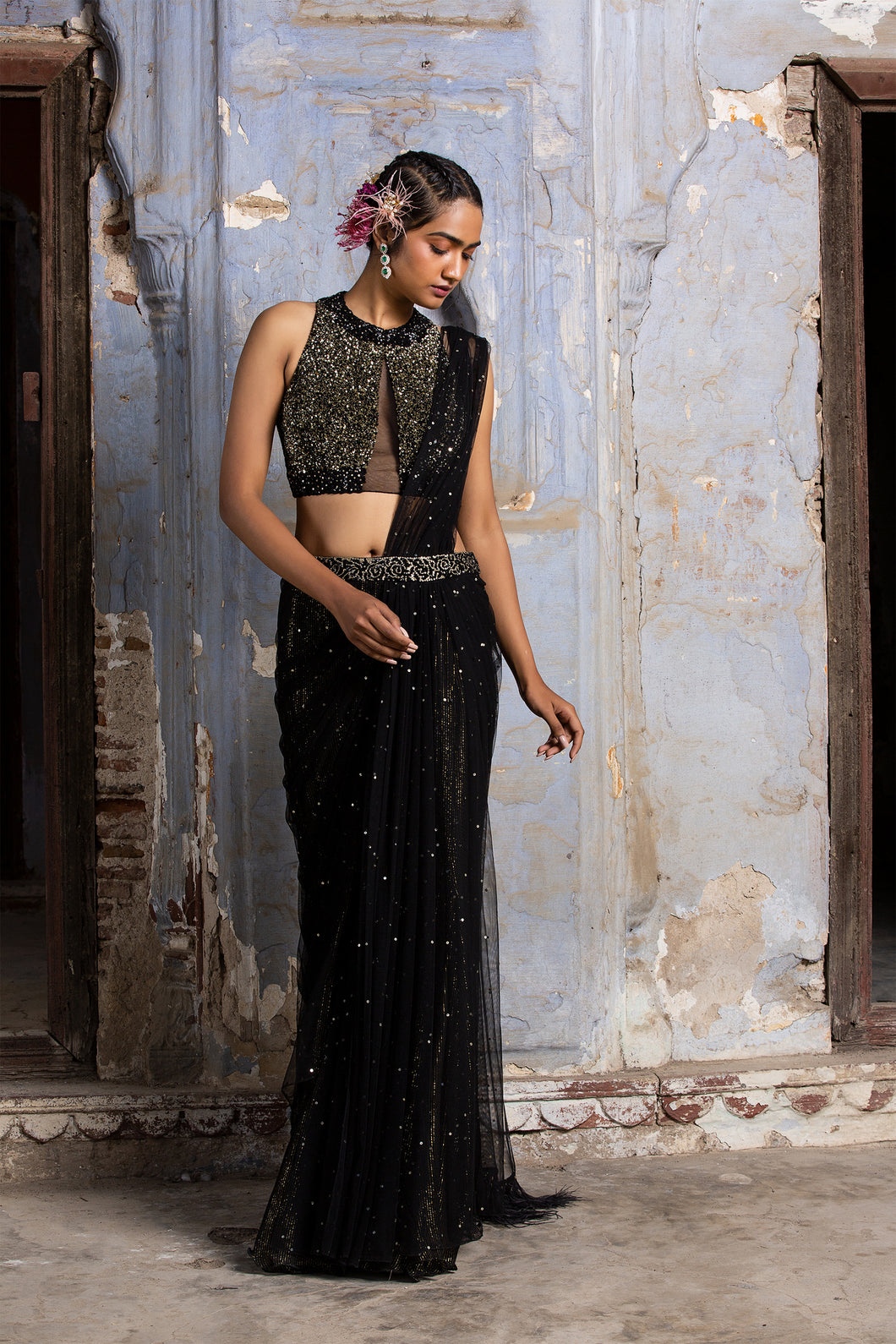 BLACK AND GOLD DRAPE SAREE