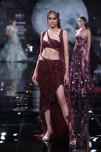 Load image into Gallery viewer, Maroon Chiffon tonal crystal encrusted hand  Embroidered skirt choli set
