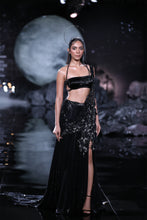Load image into Gallery viewer, Black Bullion sheeted lycra net Draped Sari set Accentuated with cutwork palla encrusted with crystalline hand embroidery
