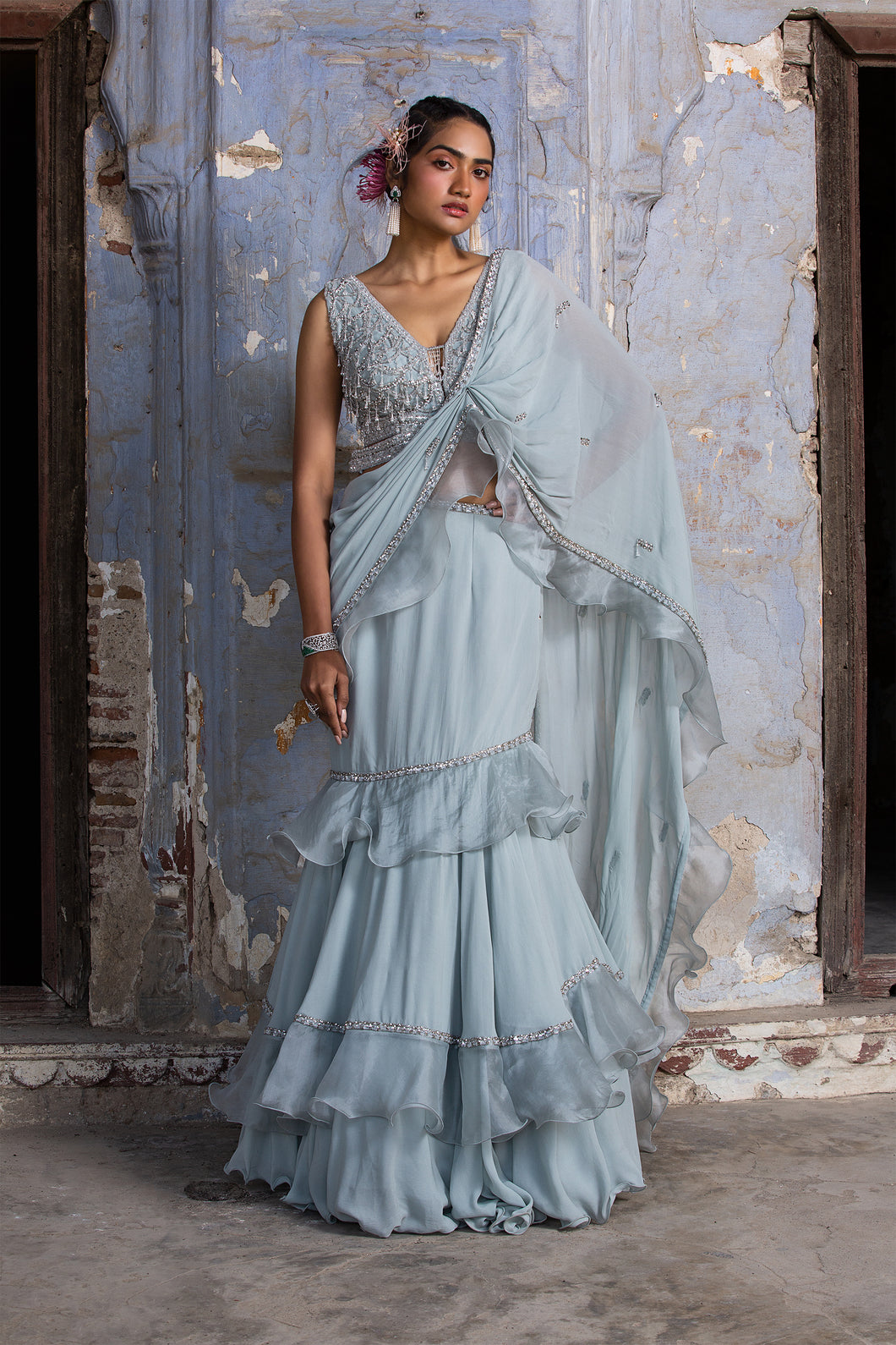 POWDER BLUE ORGANZA DRAPE SAREE