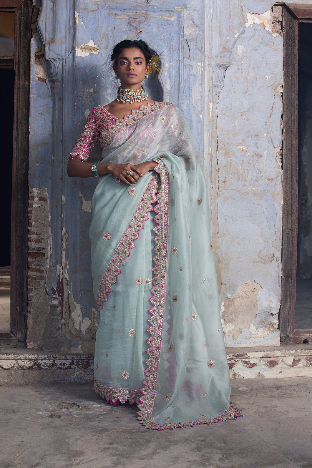 FUCHSIA SEA GREEN ORGANZA SAREE