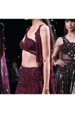 Load image into Gallery viewer, Maroon Chiffon tonal crystal encrusted hand  Embroidered skirt choli set
