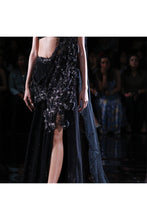 Load image into Gallery viewer, Black Bullion sheeted lycra net Draped Sari set Accentuated with cutwork palla encrusted with crystalline hand embroidery
