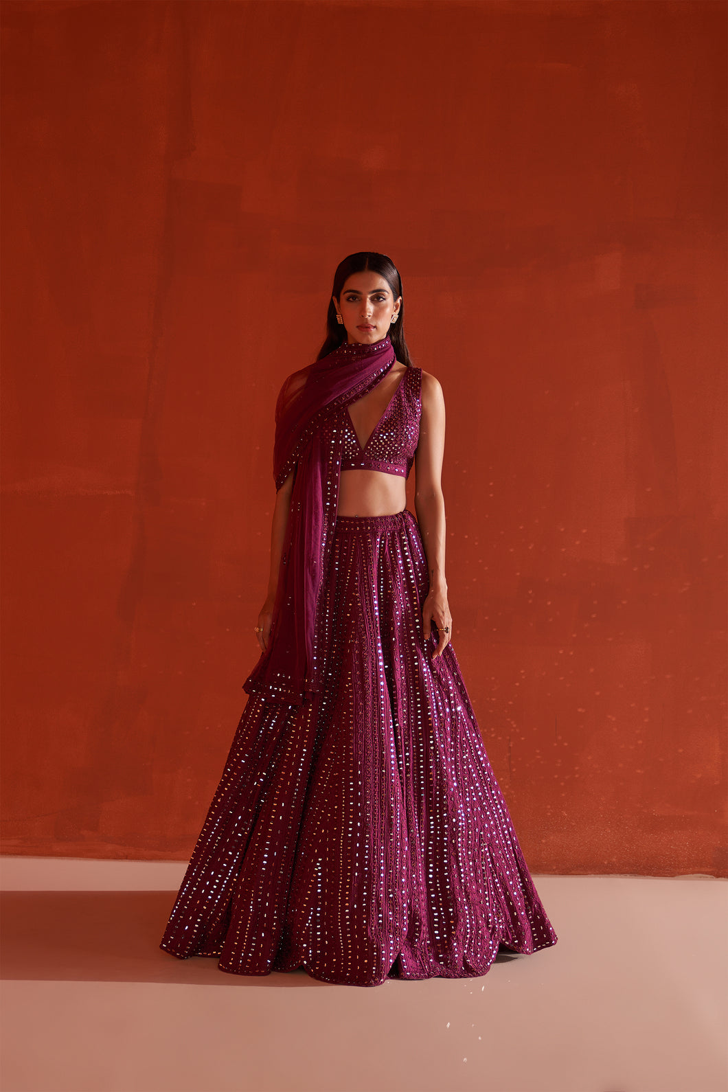 Wine Raw Silk Lehenga Set