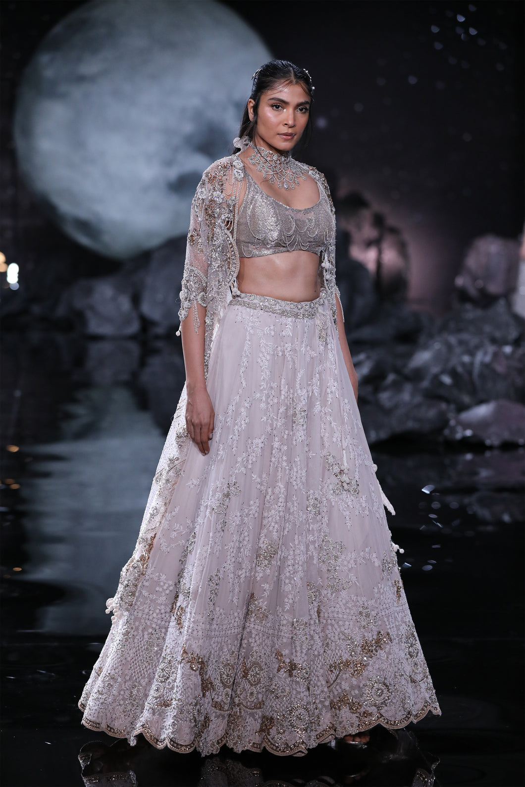 Dusty Ivory Chikankari lehenga interspersed with Pearl and zardozi hand embroidery