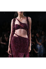 Load image into Gallery viewer, Maroon Chiffon tonal crystal encrusted hand  Embroidered skirt choli set
