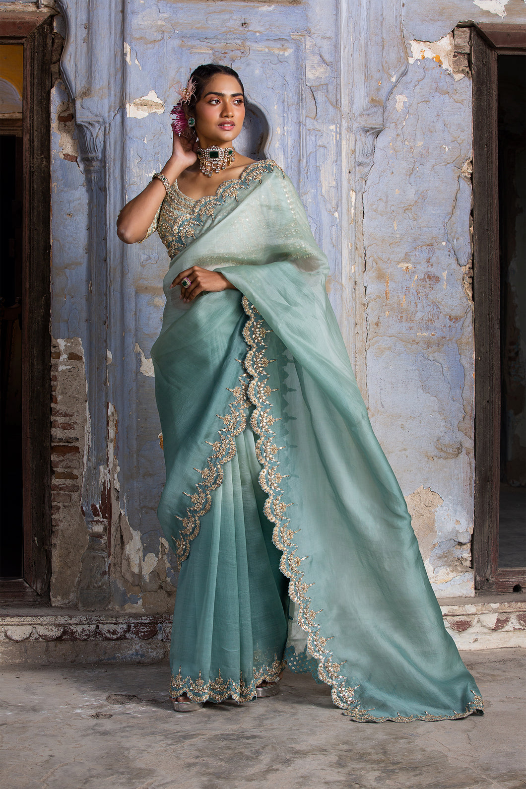 JADE GREEN OMBRE ORGANZA SAREE