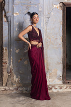 Load image into Gallery viewer, BURGUNDY SATIN DRAPE SAREE
