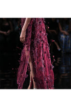 Load image into Gallery viewer, Maroon Chiffon tonal crystal encrusted hand  Embroidered skirt choli set
