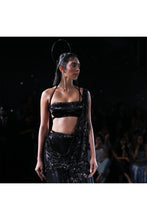 Load image into Gallery viewer, Black Bullion sheeted lycra net Draped Sari set Accentuated with cutwork palla encrusted with crystalline hand embroidery
