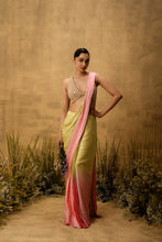 Load image into Gallery viewer, Pastel green &amp; pink ombre pre-draped modal satin saree with embroidered blouse
