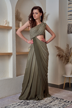 Load image into Gallery viewer, ONE SHOULDER ANCHOT THREAD KHAKI OMBRE SAREE GOWN
