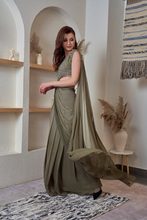 Load image into Gallery viewer, ONE SHOULDER ANCHOT THREAD KHAKI OMBRE SAREE GOWN
