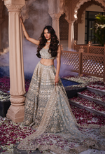 Load image into Gallery viewer, Dusty firoza velvet embroidered lehenga
