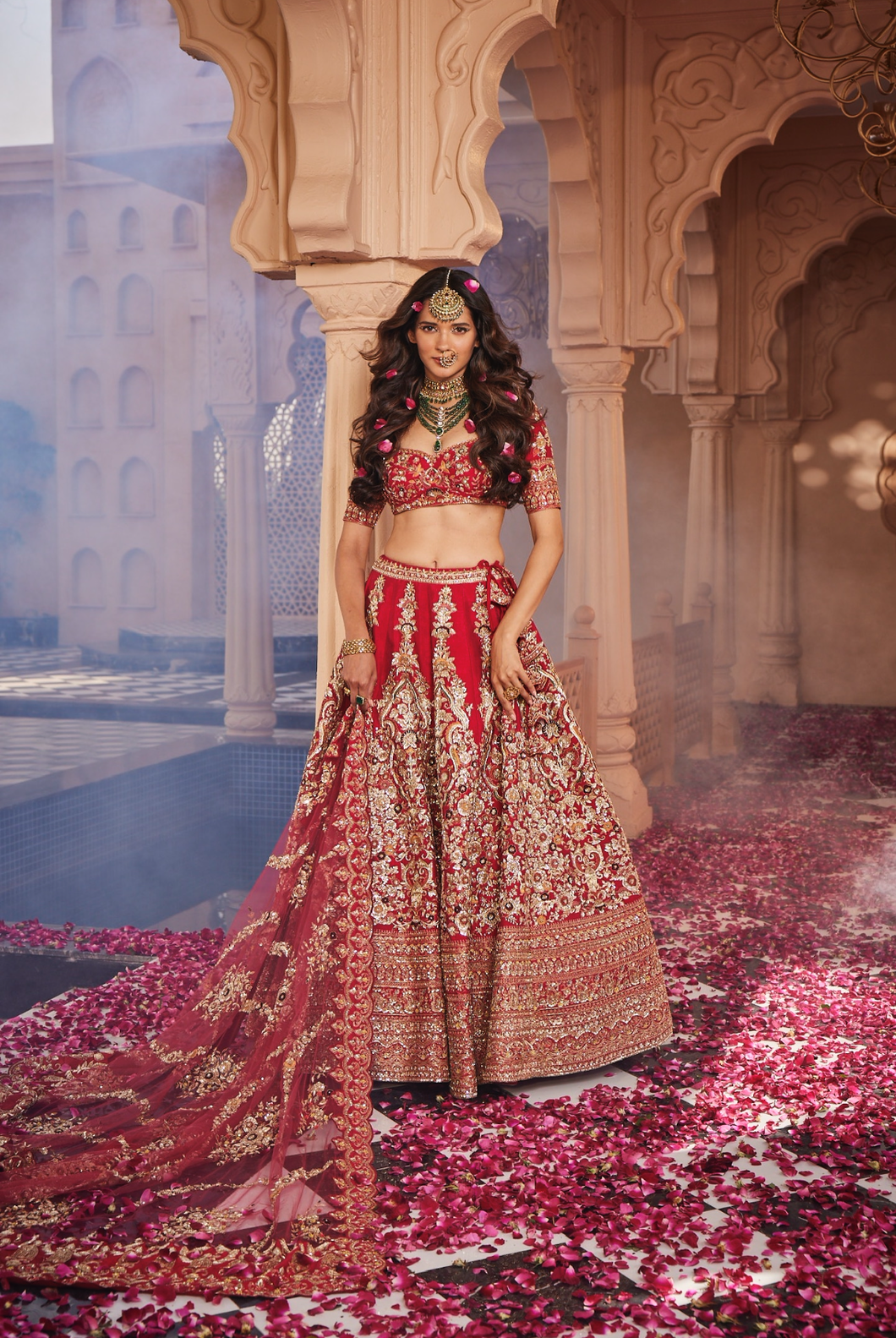 Red heavily embroidered lehenga