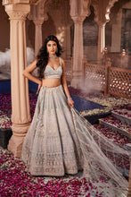 Load image into Gallery viewer, Dusty firoza velvet hand embroidered lehenga
