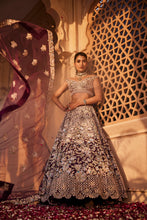Load image into Gallery viewer, Wine raw silk hand embroidered lehenga
