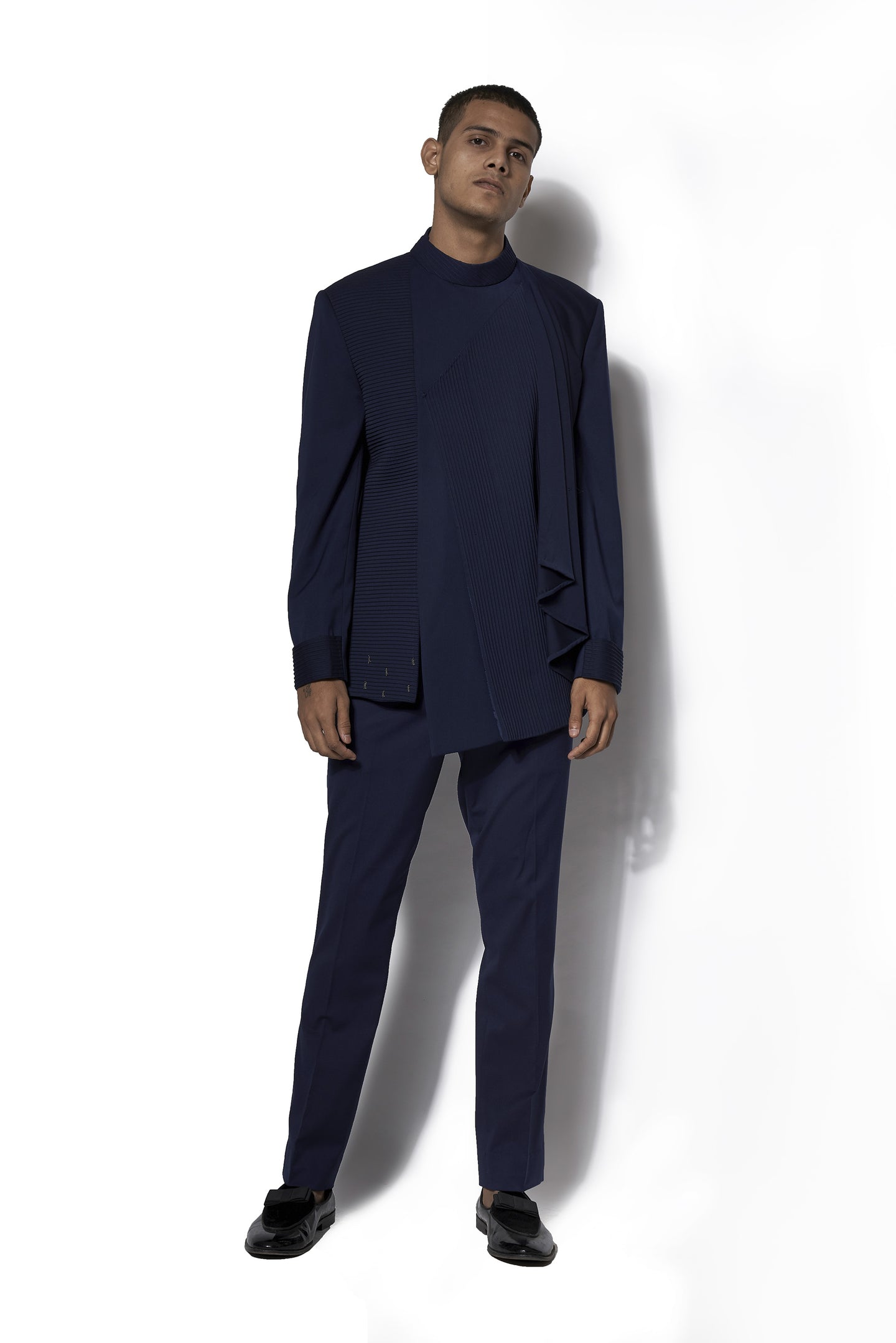 Navy Asymmetric Bandhgala With Attached Drape Set
