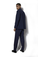 Load image into Gallery viewer, Navy Asymmetric Bandhgala With Attached Drape Set
