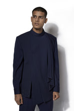 Load image into Gallery viewer, Navy Asymmetric Bandhgala With Attached Drape Set
