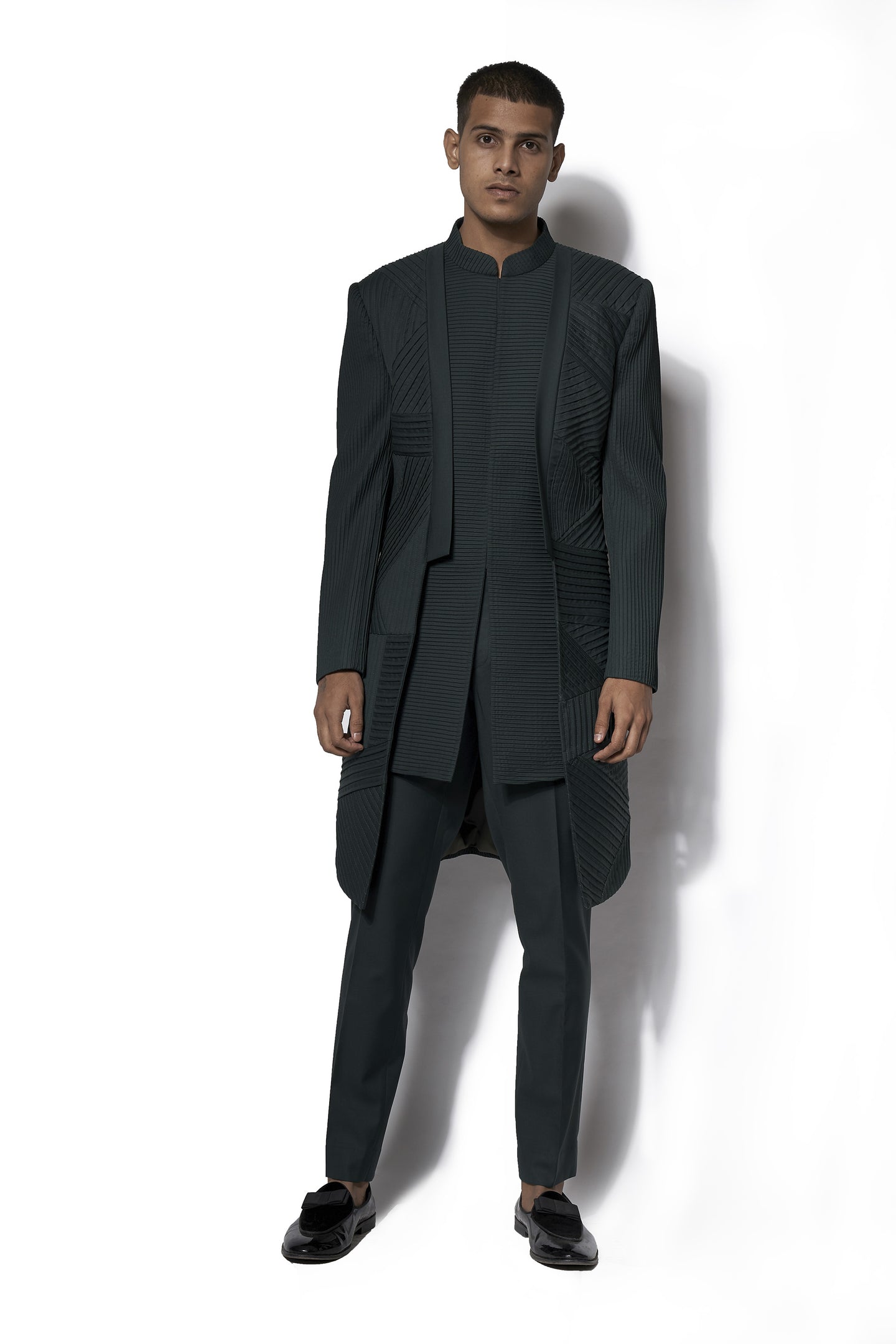 Forest Green Asymmetrical layered Long Jacket Set