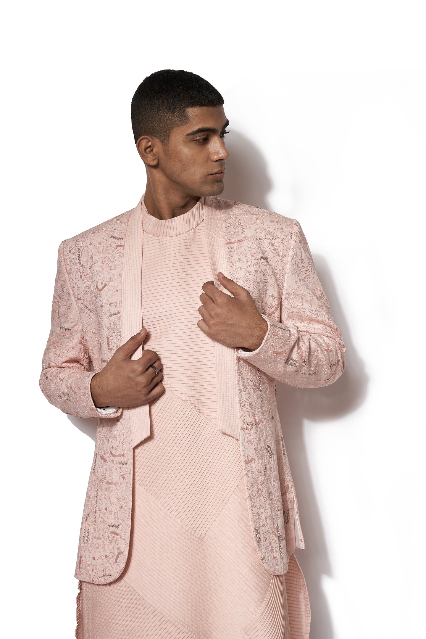 Pink Embroidered Open Bandhgala Set