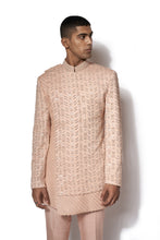 Load image into Gallery viewer, Peach Embroidered Asymmetrical Bandhgala set
