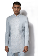 Load image into Gallery viewer, Ice blue Asymmetrical Embroidered Bandhgala set
