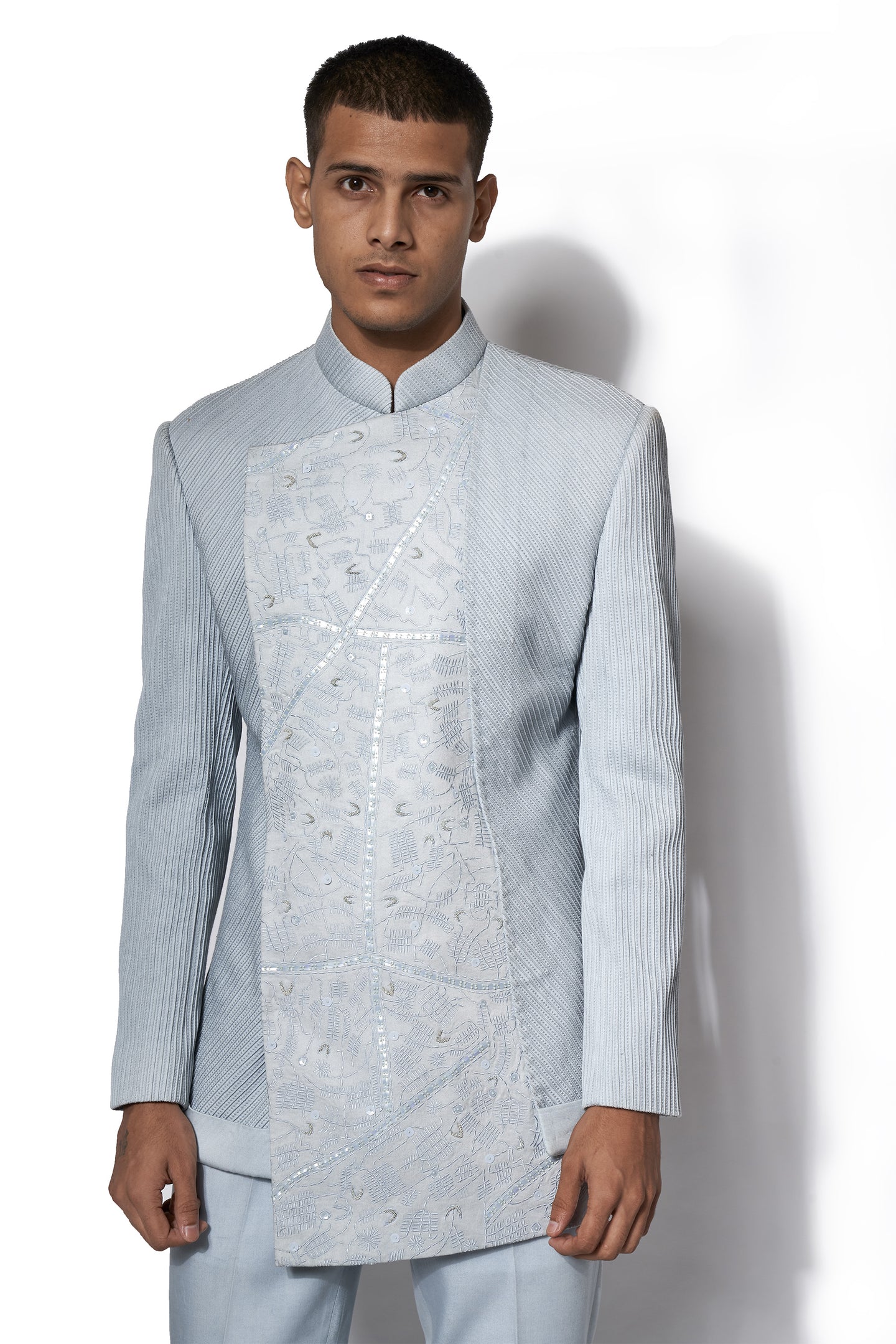 Ice blue Asymmetrical Embroidered Bandhgala set