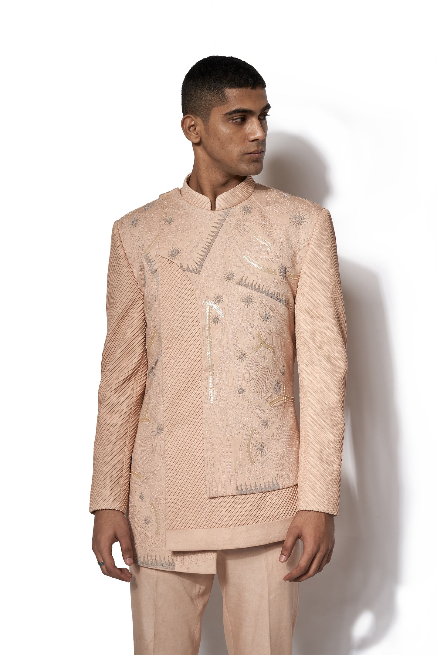 Rose Gold Asymmetrical Embroidered Bandhgala Set