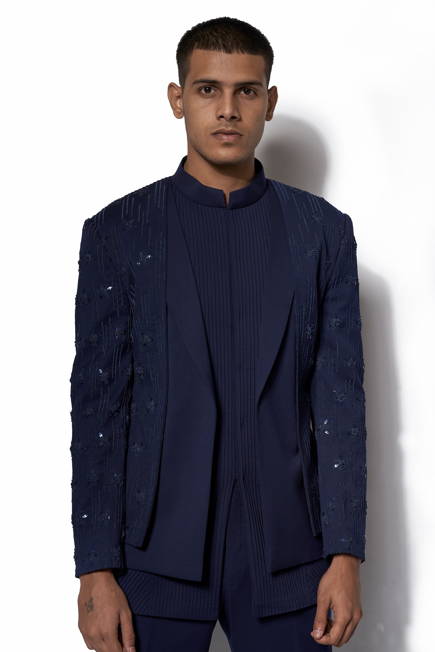 Navy Embroidered Layered Bandhgala