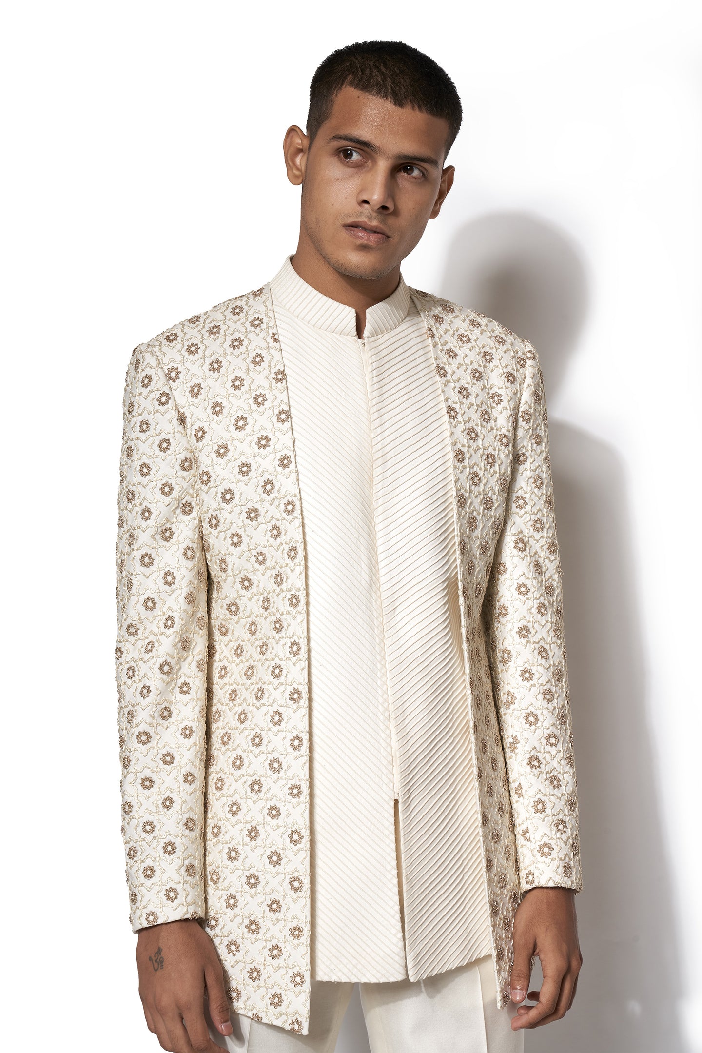 Ivory Embroidered Layered Bandhgala