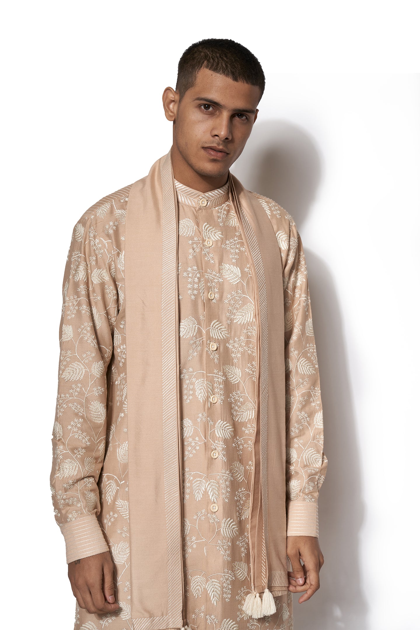 Beige Front Open Embroidered Kurta Set