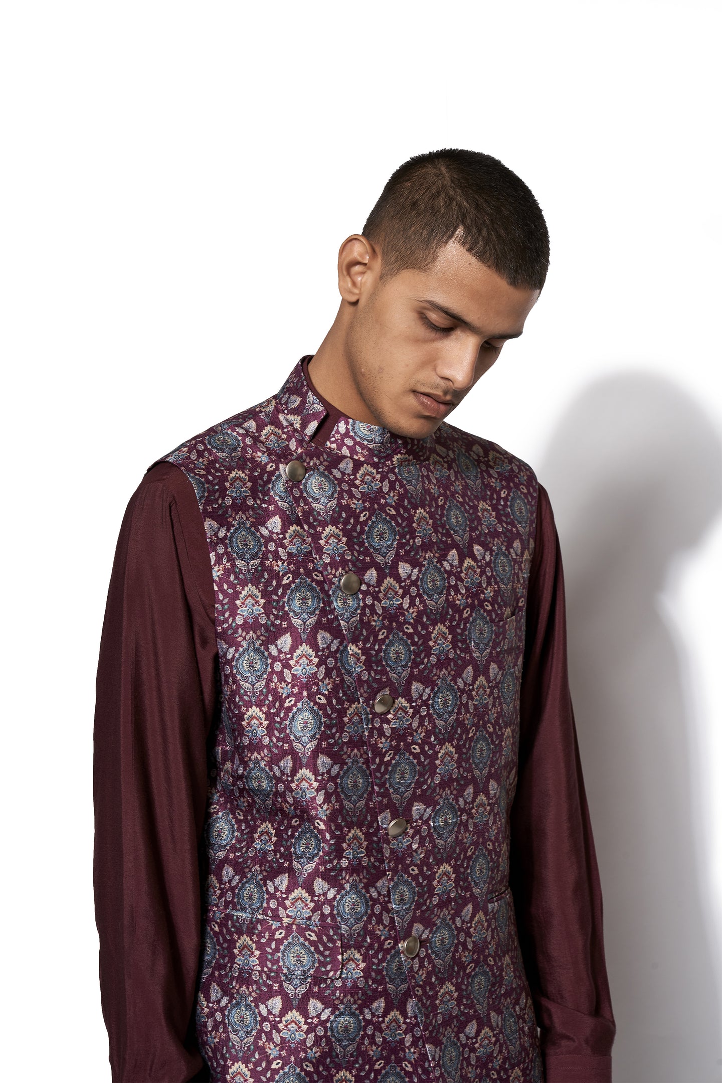 Wine Printed Bundi Kurta Set
