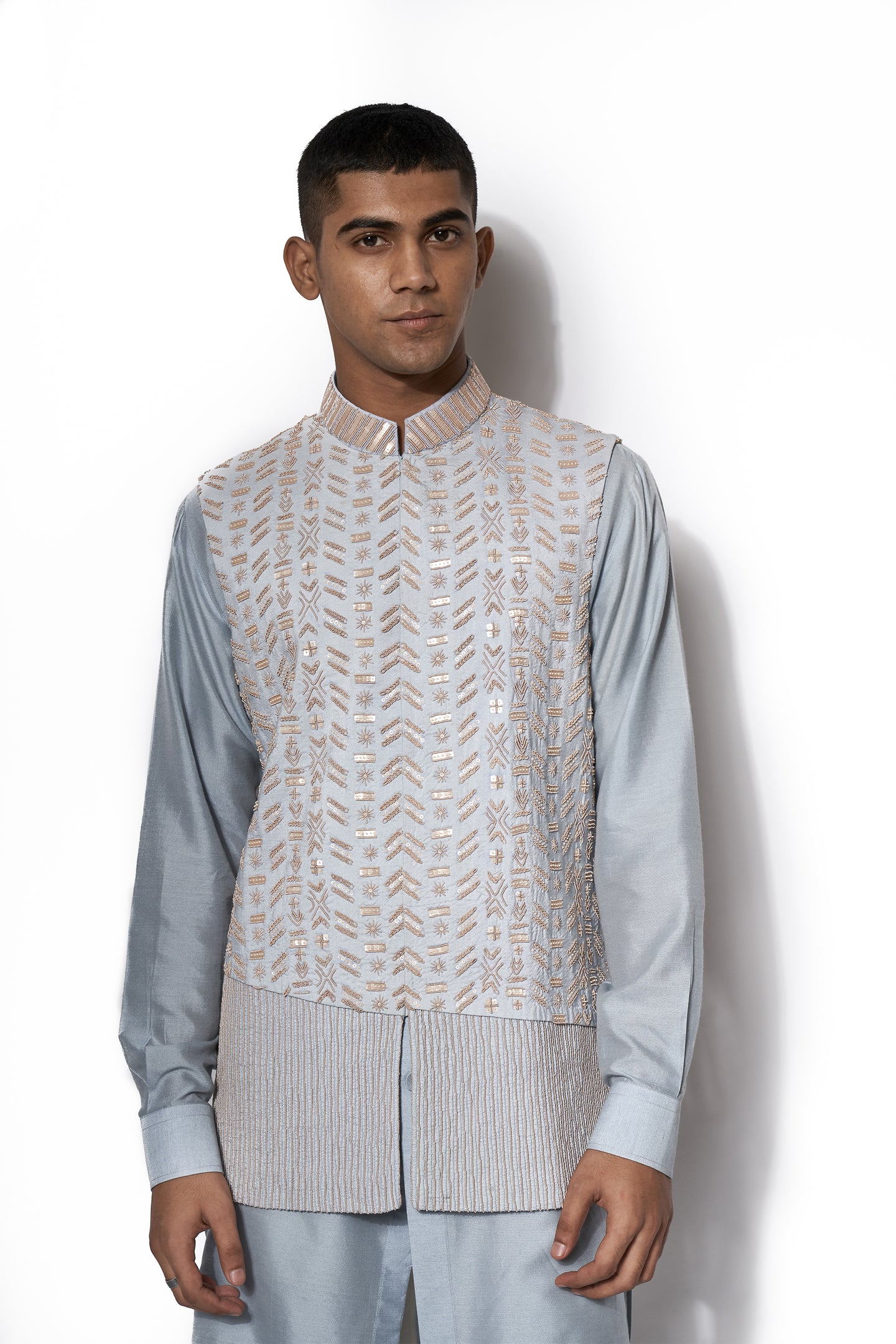 Ice Blue Embroidered Bundi Kurta Set