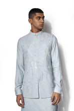 Load image into Gallery viewer, Ice Blue Asymmetrical Embroidered Bundi Kurta Set
